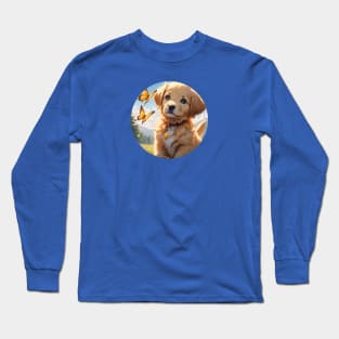 Cute Golden Retriever Puppy with Yellow Butterflies Long Sleeve T-Shirt